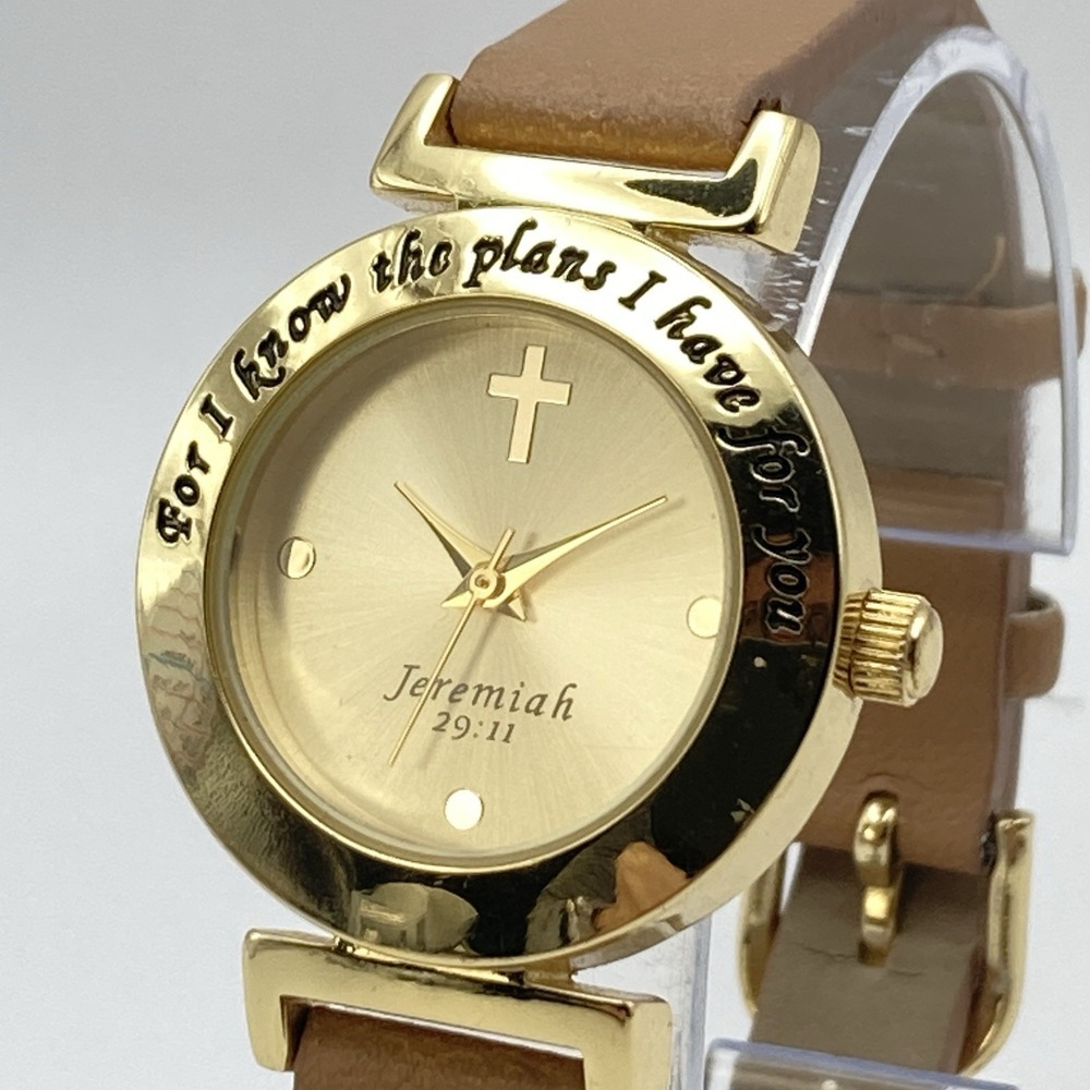 Christian Women's Watch 28mm Gold Tone Cross Bible Verse New Battery 8.5"